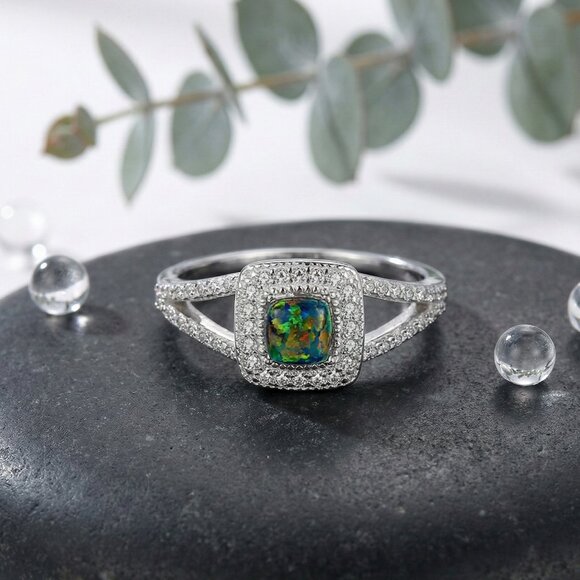 NKULTD Jewelry - S925 Stamped Silver Opal Halo Ring Size 8 Green Fire CZ Split Shank Jewelry
